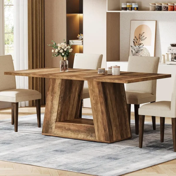 Faux Marble Dining Table – Rectangular Table for 4–6 with Sturdy Wooden Base