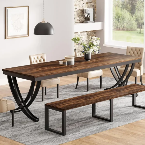 Farmhouse Dining Table – Large Rectangular Table for 6–8, Brown Wood Finish