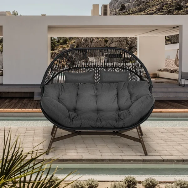 Outdoor Wicker Egg Chair – Oversized 2-Seater Patio Loveseat with Cushion
