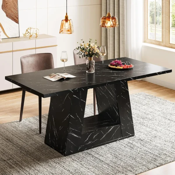 Faux Marble Dining Table – Rectangular Table for 4–6 with Sturdy Wooden Base