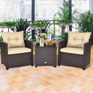 3PC Rattan Patio Set – Wicker Chairs & Glass Table with Cushions