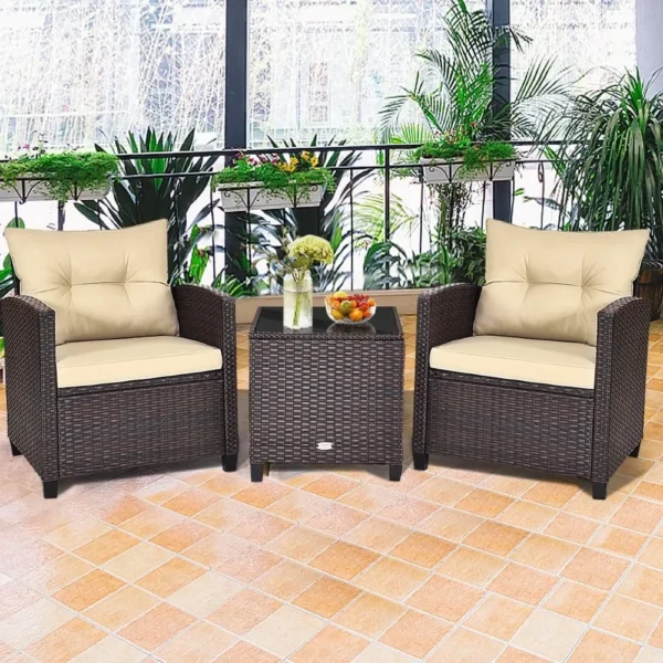 3PC Rattan Patio Set – Wicker Chairs & Glass Table with Cushions