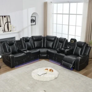 6-Seater Faux Leather Power Recliner Sofa with LED, USB & Speaker