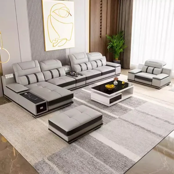 Linlamlim Modern Leather Sofa – Italian Design with Bluetooth, USB & Headrests