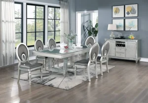 Antique Traditional Dining Table Set – Rectangular Table with Glass Insert & Tufted Side Chairs