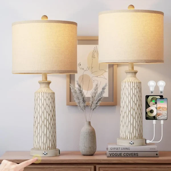Set of 2 Dimmable Touch Lamps – USB A+C Ports, Modern Coastal Bedside Lamps