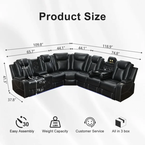 6-Seater Faux Leather Power Recliner Sofa with LED, USB & Speaker