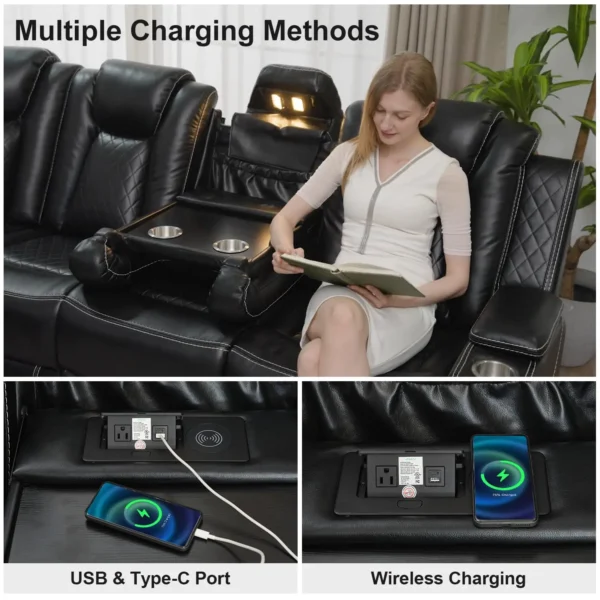 6-Seater Faux Leather Power Recliner Sofa with LED, USB & Speaker