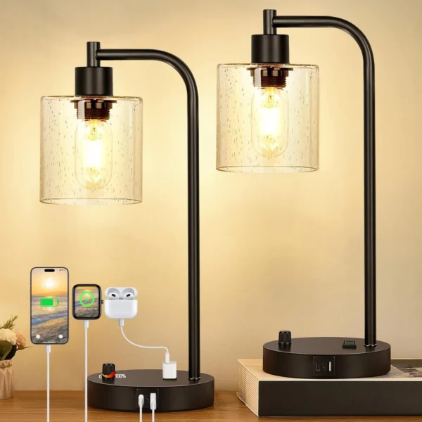 Desk Lamp with Seeded Glass – LED Bedside Lamp for Reading, 2 Bulbs Included