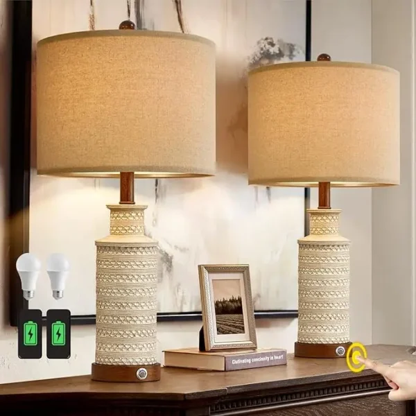 Set of 2 Farmhouse Table Lamps – Rustic Bedside Lamps for Bedroom/Living Room
