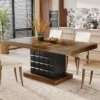 Wooden Farmhouse Dining Table – Pedestal Base with Geometric Relief