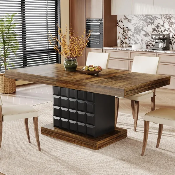 Wooden Farmhouse Dining Table – Pedestal Base with Geometric Relief
