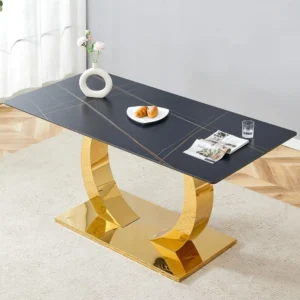 Modern Gold Dining Table – Sintered Stone Marble Top with O-Shaped Stainless Steel Base