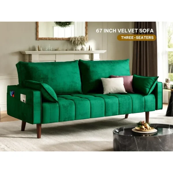 Velvet  Loveseat – Tufted 3-Seater Sofa with Pillows & Storage Pockets