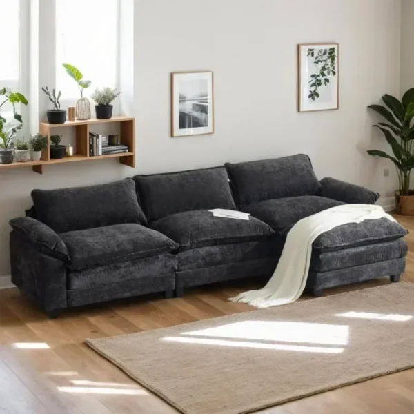 Chenille 3-Seat Modular Sofa with Ottoman – Deep, Comfy Sleeper Couch