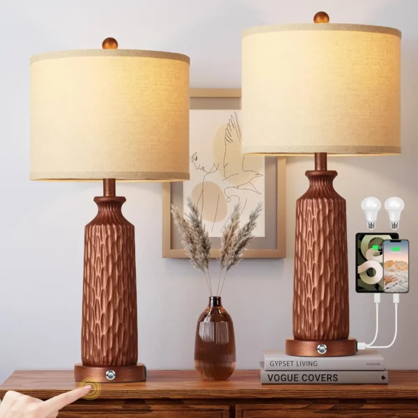 Set of 2 Dimmable Touch Lamps – USB A+C Ports, Modern Coastal Bedside Lamps