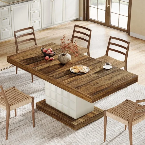 Wooden Farmhouse Dining Table – Pedestal Base with Geometric Relief