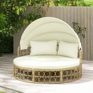 Round Wicker Outdoor Daybed with Canopy – Rattan Sunbed with Cushions & 2 Pillows