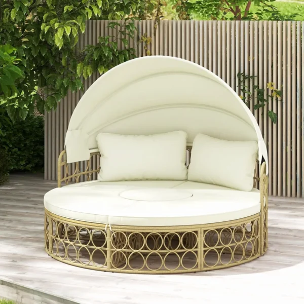 Round Wicker Outdoor Daybed with Canopy – Rattan Sunbed with Cushions & 2 Pillows