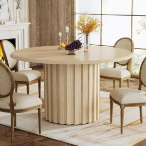 Round Farmhouse Dining Table – Solid Wood Kitchen Table for 4 with Metal Base