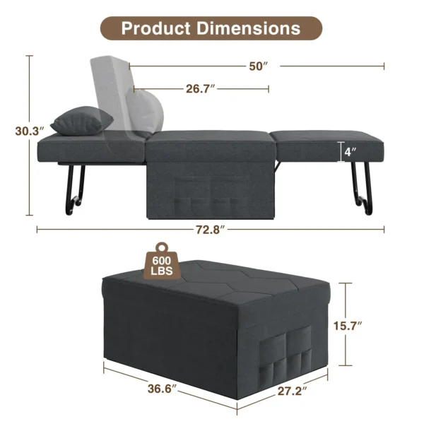 Vabches 4-in-1 Sleeper Chair – Convertible Linen Chaise with Adjustable Backrest