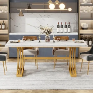 Rectangular Dining Table – Modern Kitchen Table for 4–6 with Faux Marble Top