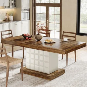 Wooden Farmhouse Dining Table – Pedestal Base with Geometric Relief