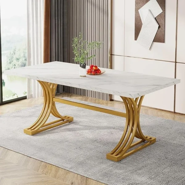 Rectangular Dining Table – Modern Kitchen Table for 4–6 with Faux Marble Top