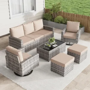 6PC Wicker Patio Furniture Set – Sofa, Swivel Chairs, Ottomans & Table