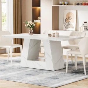 Faux Marble Dining Table – Rectangular Table for 4–6 with Sturdy Wooden Base