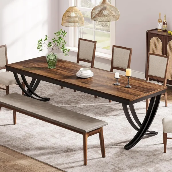 Farmhouse Dining Table – Large Rectangular Table for 6–8, Brown Wood Finish