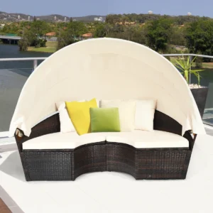 Rattan Patio Daybed with Canopy – Adjustable Table & Cushions