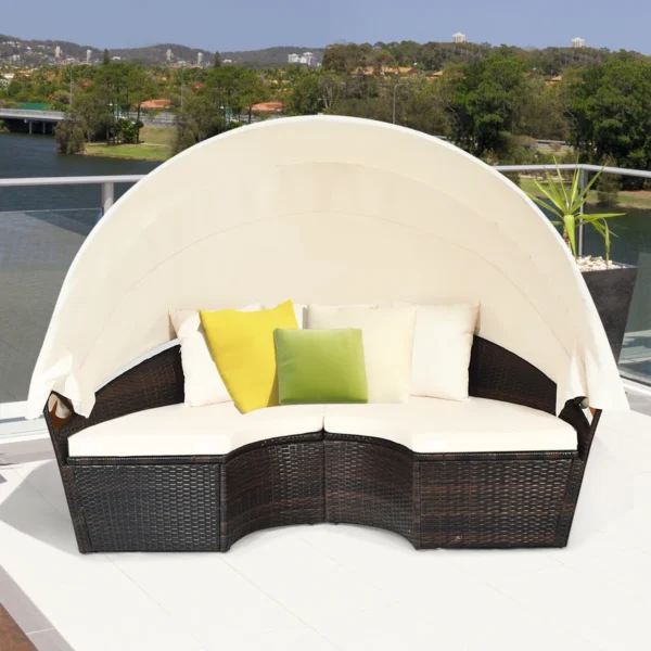 Rattan Patio Daybed with Canopy – Adjustable Table & Cushions