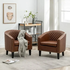2-Piece Faux Leather Club Chairs –  Tufted Barrel Armchairs