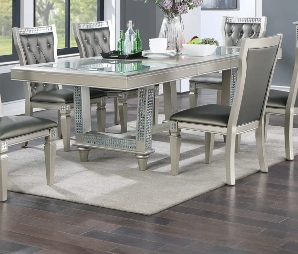 Antique Traditional Dining Table Set – Rectangular Table with Glass Insert & Tufted Side Chairs