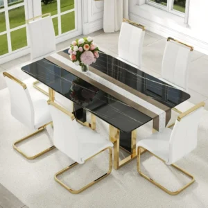 Modern Dining Table Set for 8 – Black Kitchen Set with 1.8''Thick Faux Marble Top