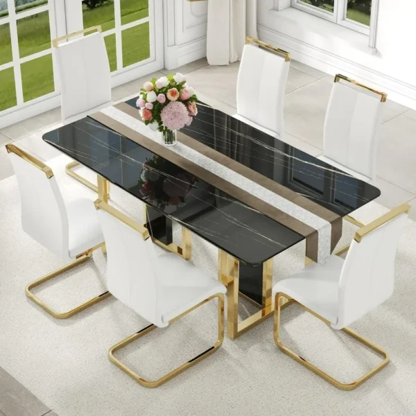 Modern Dining Table Set for 8 – Black Kitchen Set with 1.8''Thick Faux Marble Top