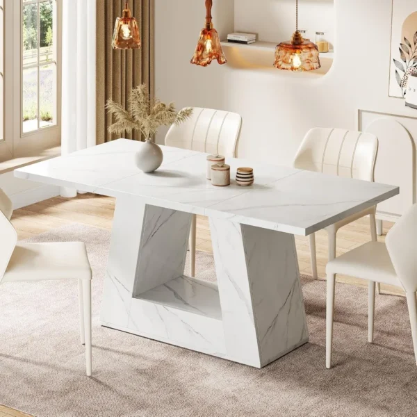 Faux Marble Dining Table – Rectangular Table for 4–6 with Sturdy Wooden Base