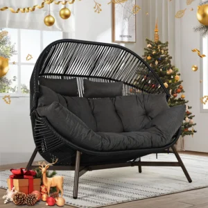 Outdoor Wicker Egg Chair – Oversized 2-Seater Patio Loveseat with Cushion