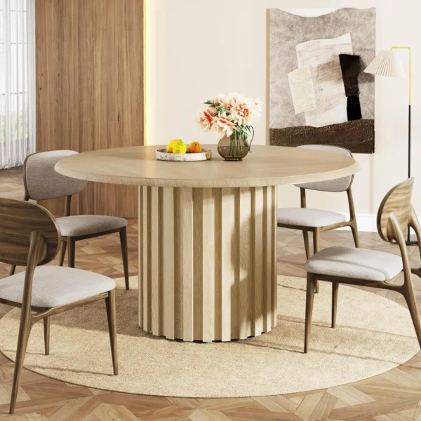 Round Farmhouse Dining Table – Solid Wood Kitchen Table for 4 with Metal Base