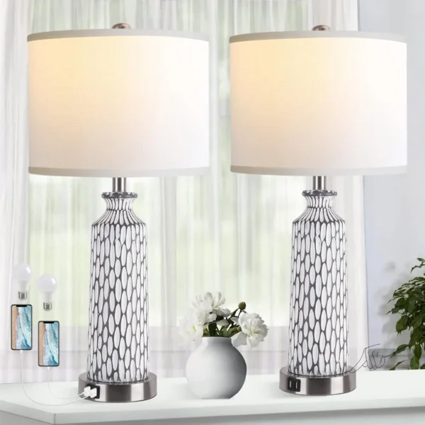 Set of 2 Dimmable Touch Lamps – USB A+C Ports, Modern Coastal Bedside Lamps