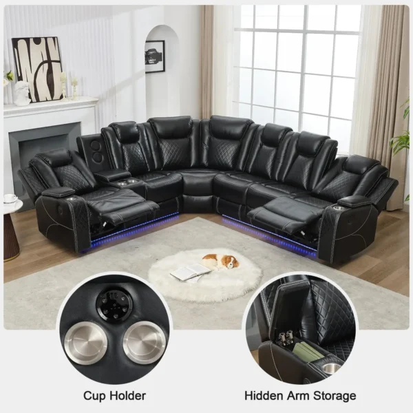 6-Seater Faux Leather Power Recliner Sofa with LED, USB & Speaker
