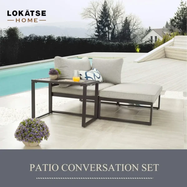 Grey 3PC Patio Sectional – Steel Sofa, Chair & Coffee Table with Cushions