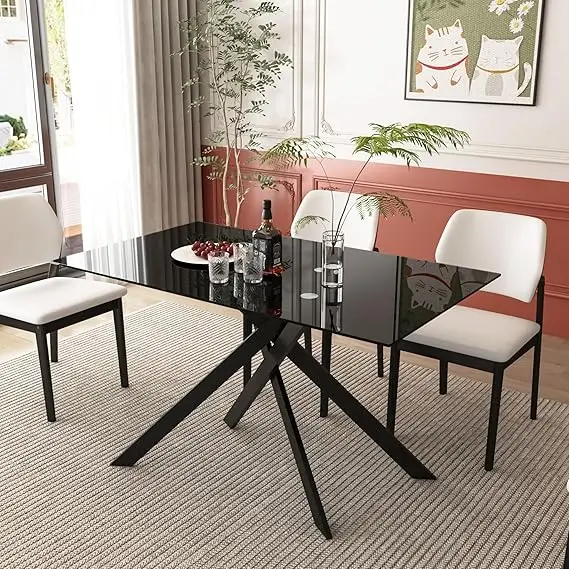 Glass Dining Table – Tempered Top with Metal Legs for Home or Kitchen