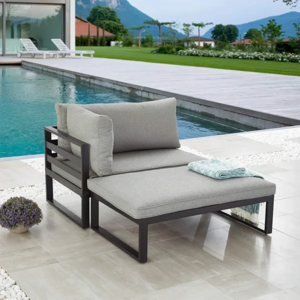 Grey 3PC Patio Sectional – Steel Sofa, Chair & Coffee Table with Cushions