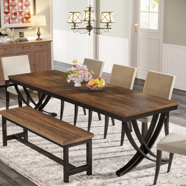 Farmhouse Dining Table – Large Rectangular Table for 6–8, Brown Wood Finish