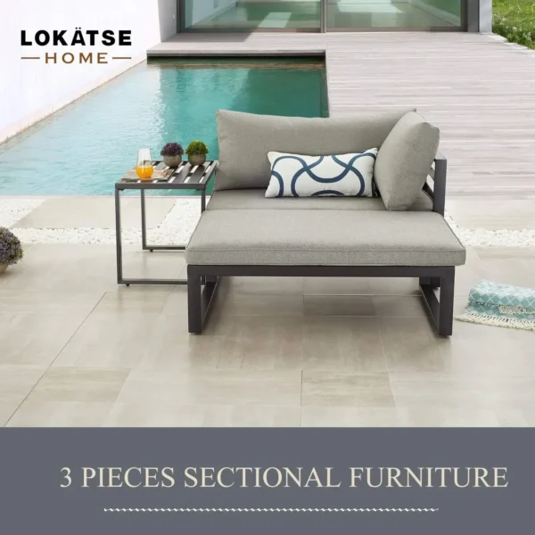 Grey 3PC Patio Sectional – Steel Sofa, Chair & Coffee Table with Cushions