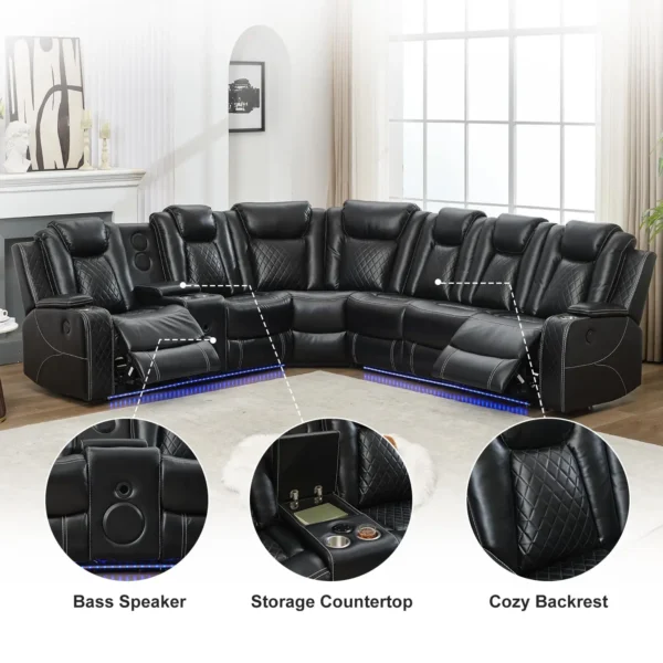 6-Seater Faux Leather Power Recliner Sofa with LED, USB & Speaker