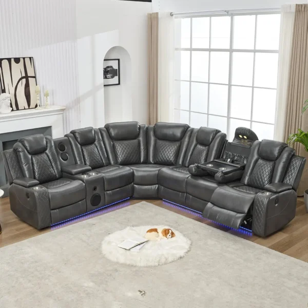 6-Seater Faux Leather Power Recliner Sofa with LED, USB & Speaker