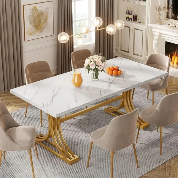 Rectangular Dining Table – Modern Kitchen Table for 4–6 with Faux Marble Top